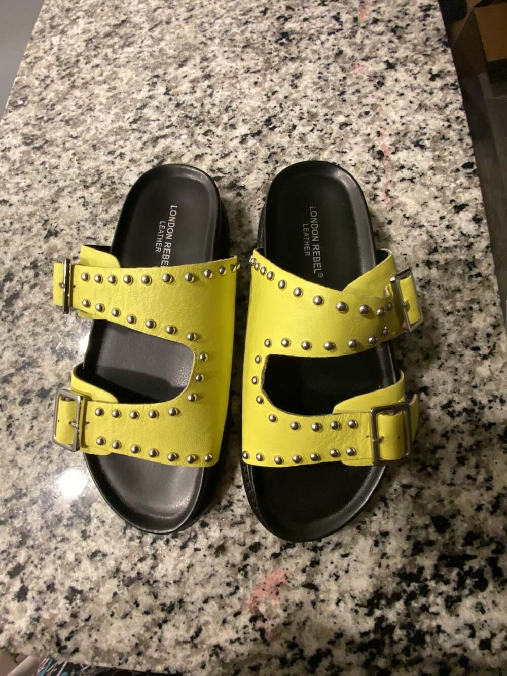London Rebel Leather Studded Buckle Sliders in yellow